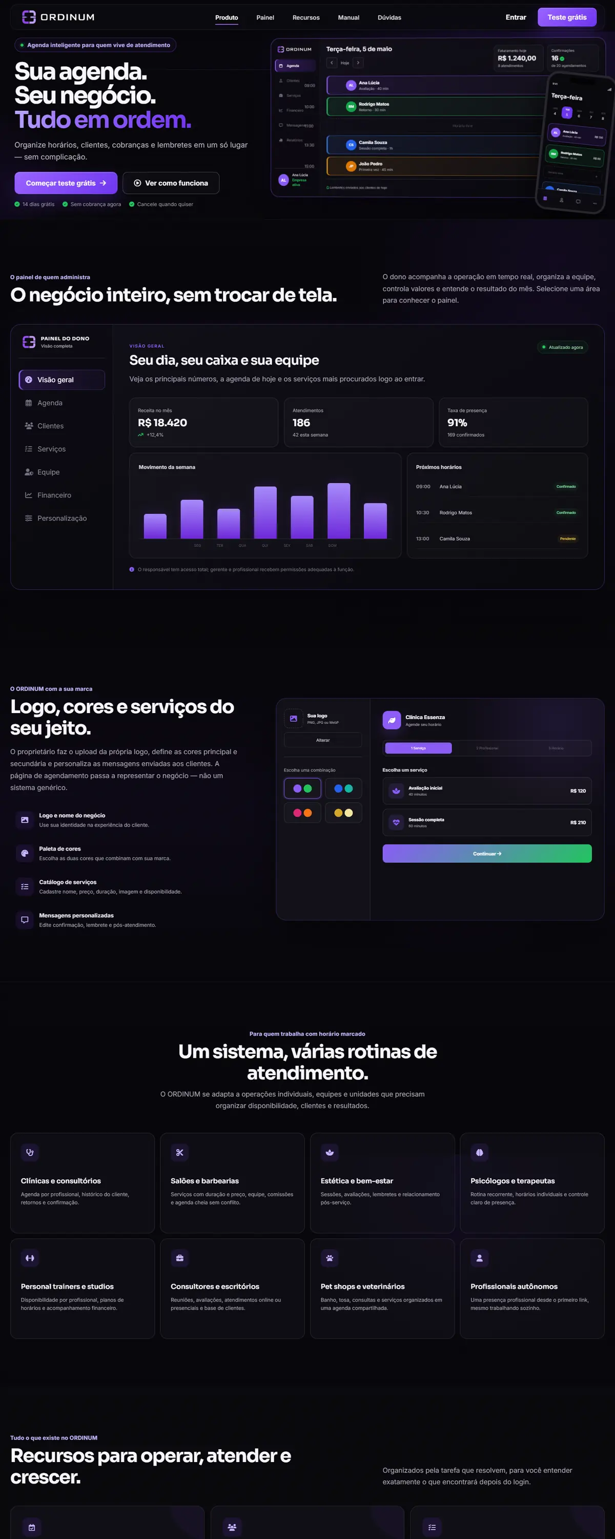 Site do ORDINUM com a agenda do dia e o painel do dono